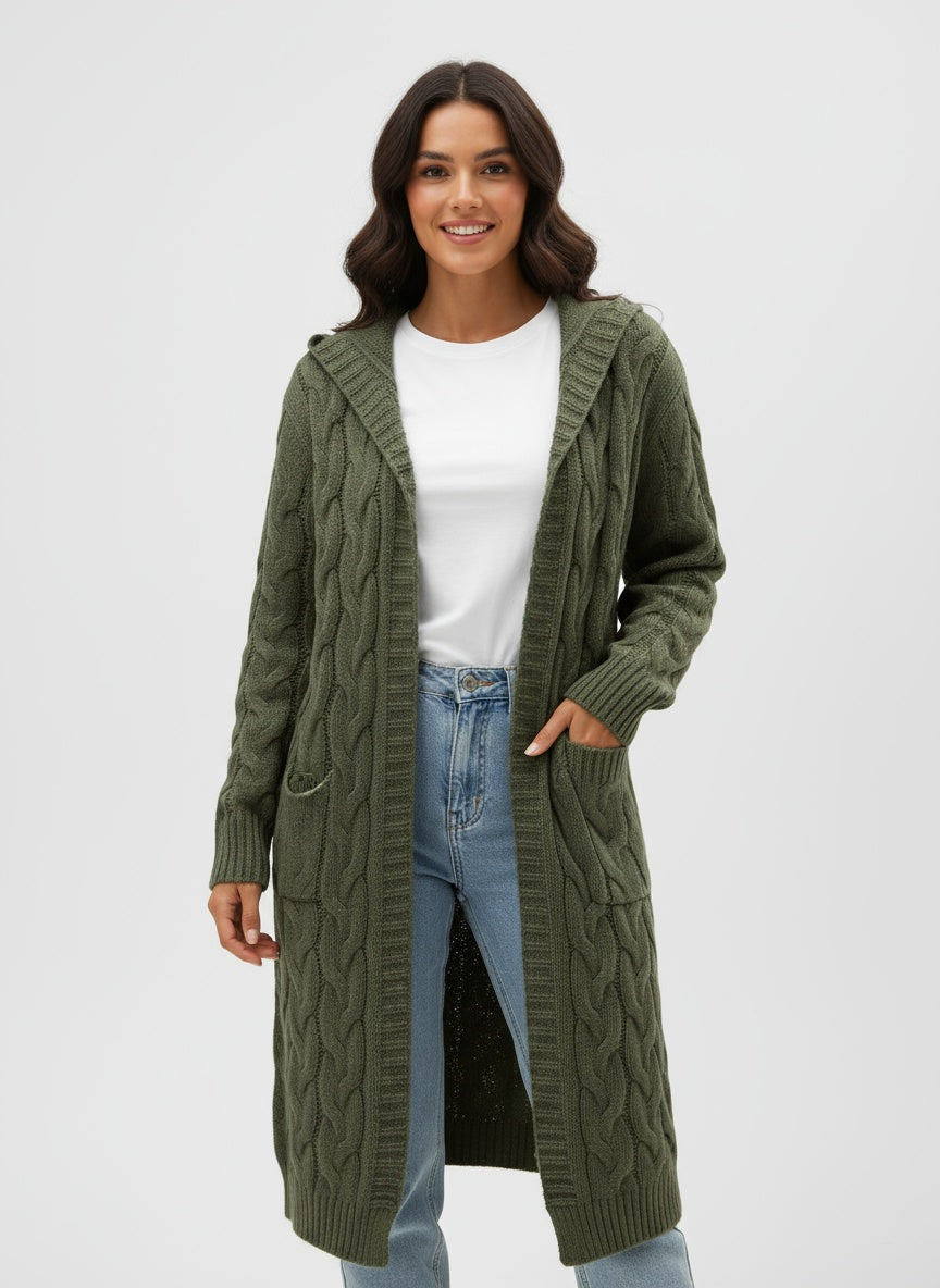 TULIA | CÁRDIGAN LARGO DE PUNTO – VERSATILIDAD MODERNA CON DETALLE DE CAPUCHA
