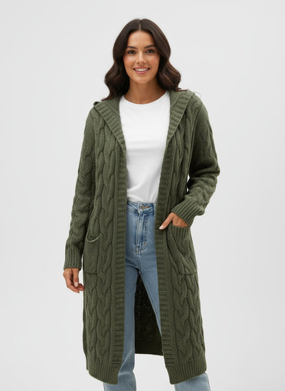 TULIA | CÁRDIGAN LARGO DE PUNTO – VERSATILIDAD MODERNA CON DETALLE DE CAPUCHA