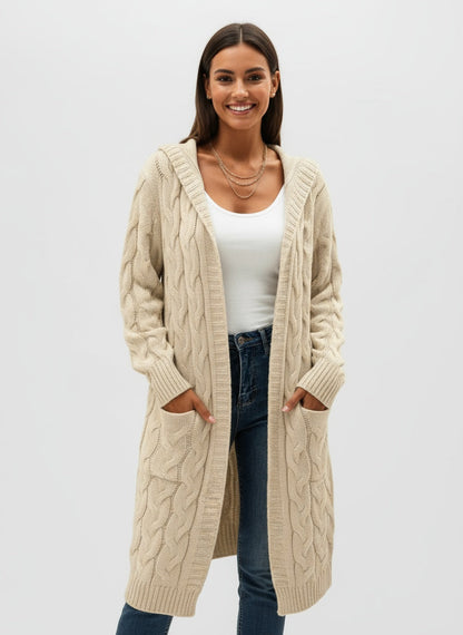 TULIA | CÁRDIGAN LARGO DE PUNTO – VERSATILIDAD MODERNA CON DETALLE DE CAPUCHA