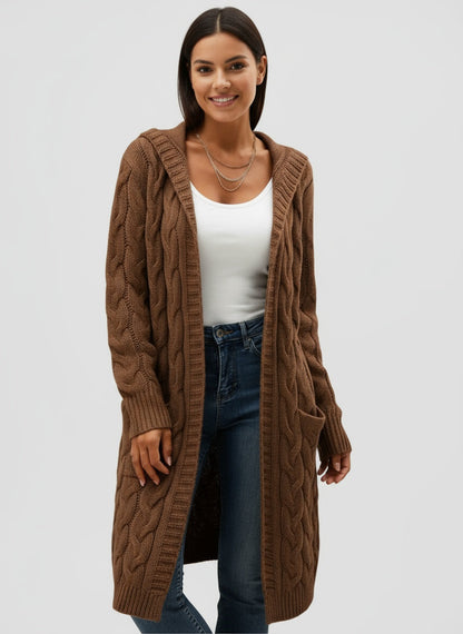 TULIA | CÁRDIGAN LARGO DE PUNTO – VERSATILIDAD MODERNA CON DETALLE DE CAPUCHA