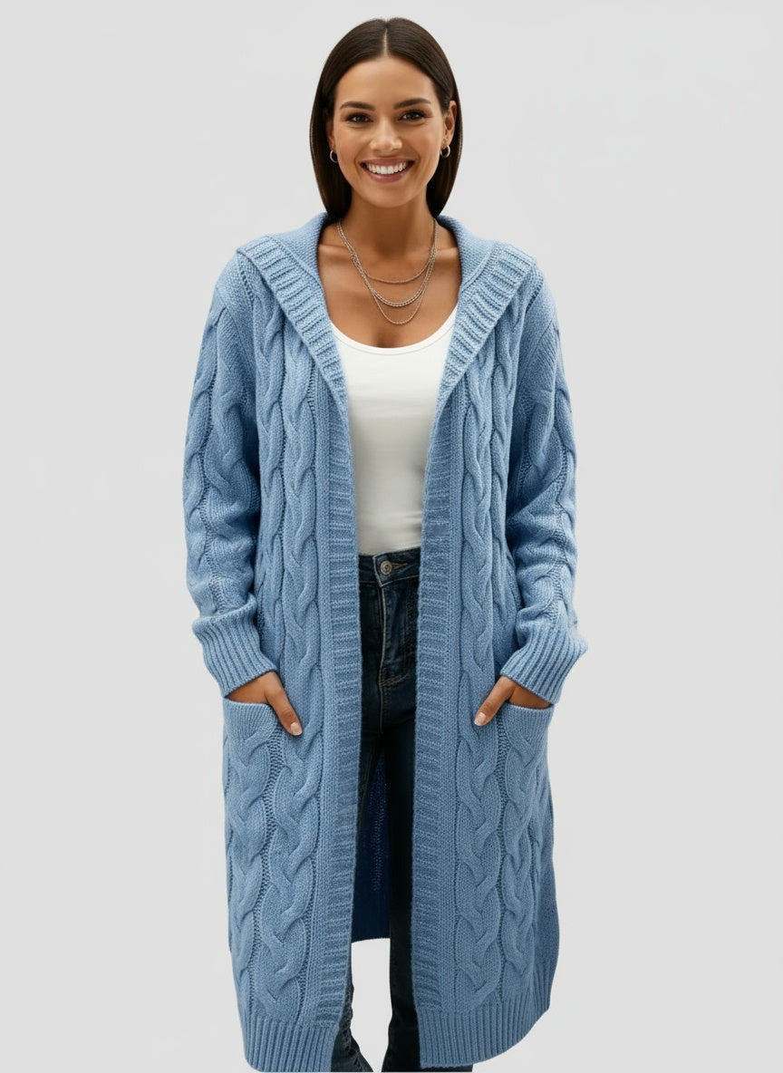 TULIA | CÁRDIGAN LARGO DE PUNTO – VERSATILIDAD MODERNA CON DETALLE DE CAPUCHA