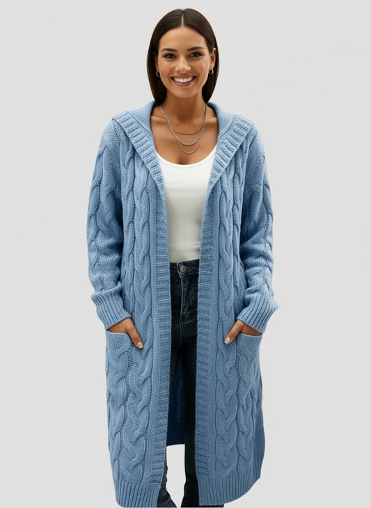 TULIA | CÁRDIGAN LARGO DE PUNTO – VERSATILIDAD MODERNA CON DETALLE DE CAPUCHA