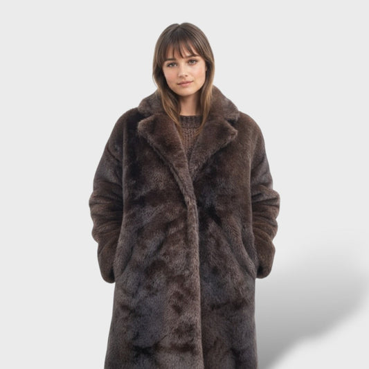 Abrigo de piel sintética largo para mujeres elegante